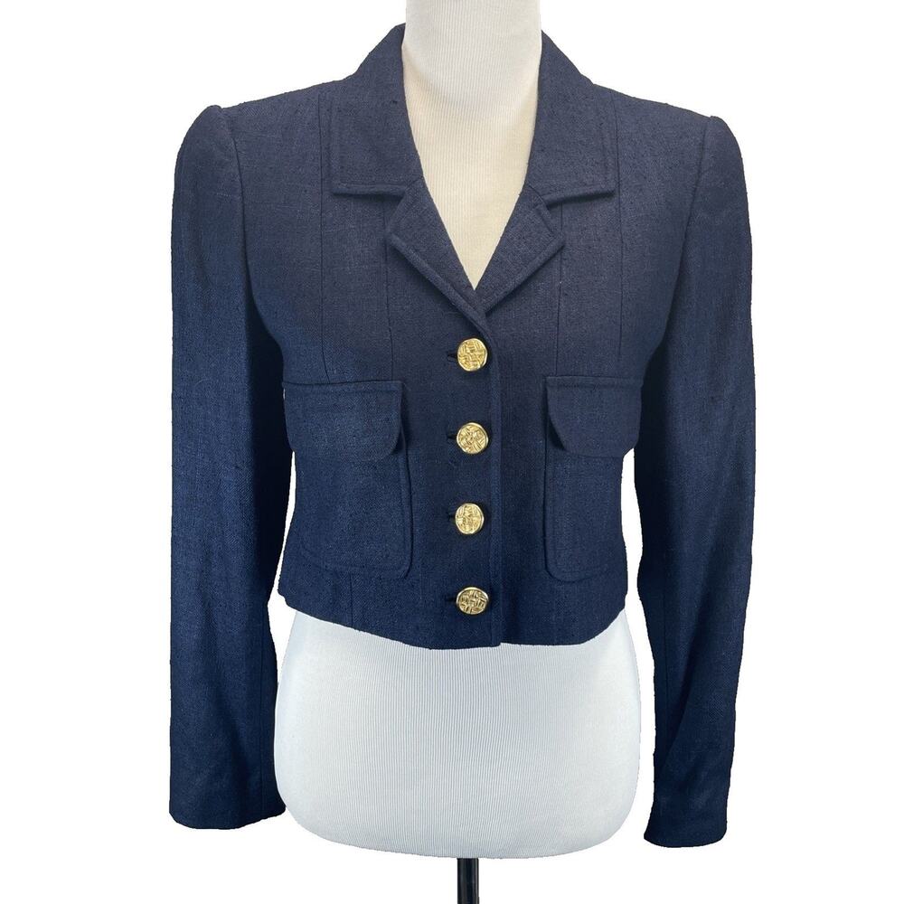 Vtg 90s Carlisle 100% Silk Blazer Jacket Women Sz 4 Blue Cropped Gold Button NWT